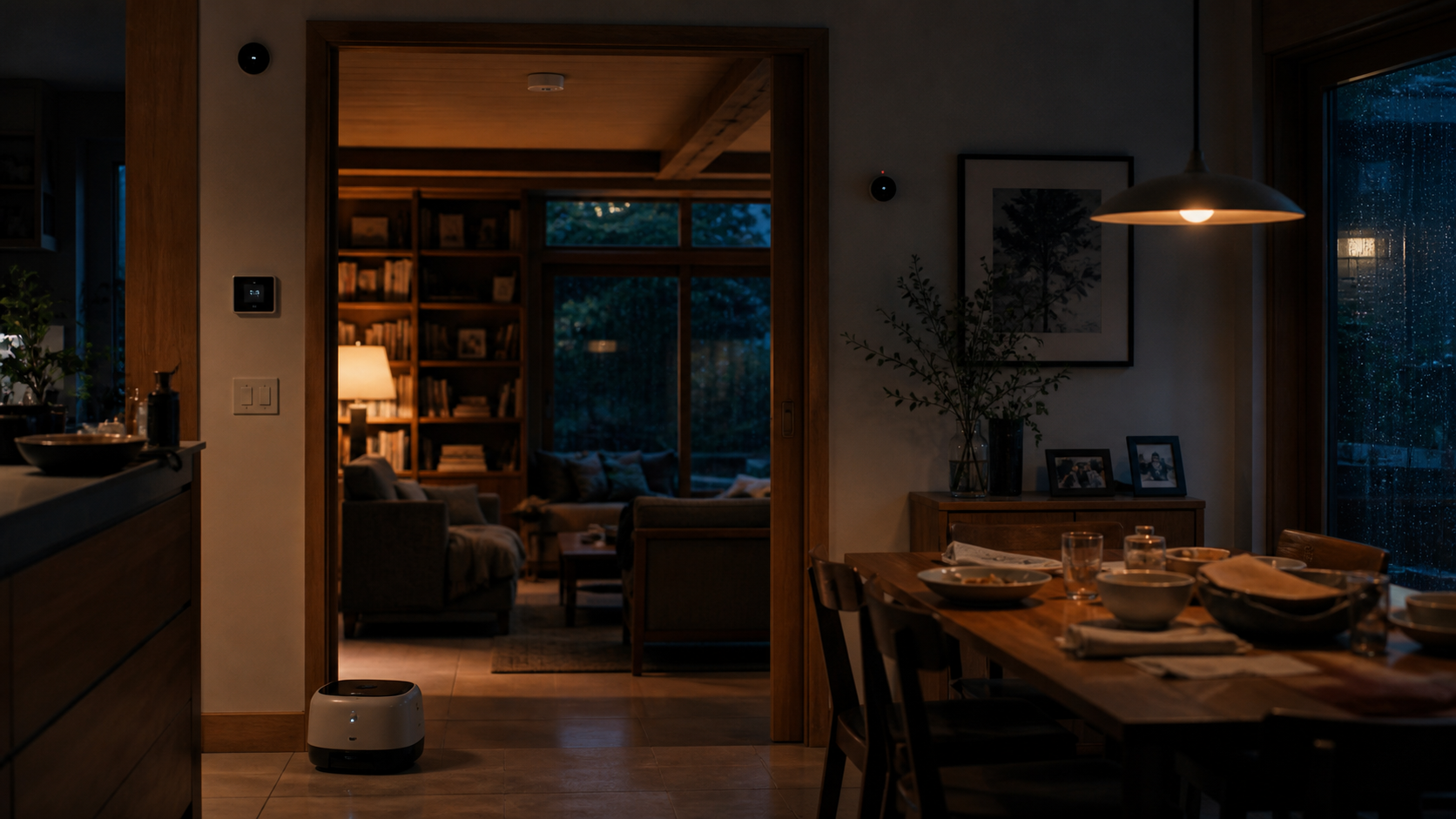 A lived-in family home at night